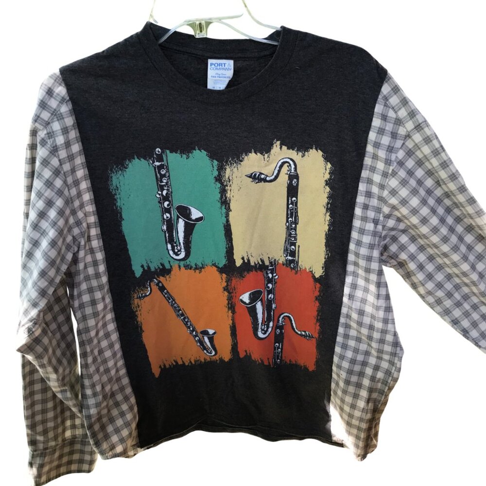 Upcycled Reworked Graphic T-Shirt, Saxophone Theme Plaid Shirt, Size S - M - Picture 3 of 12